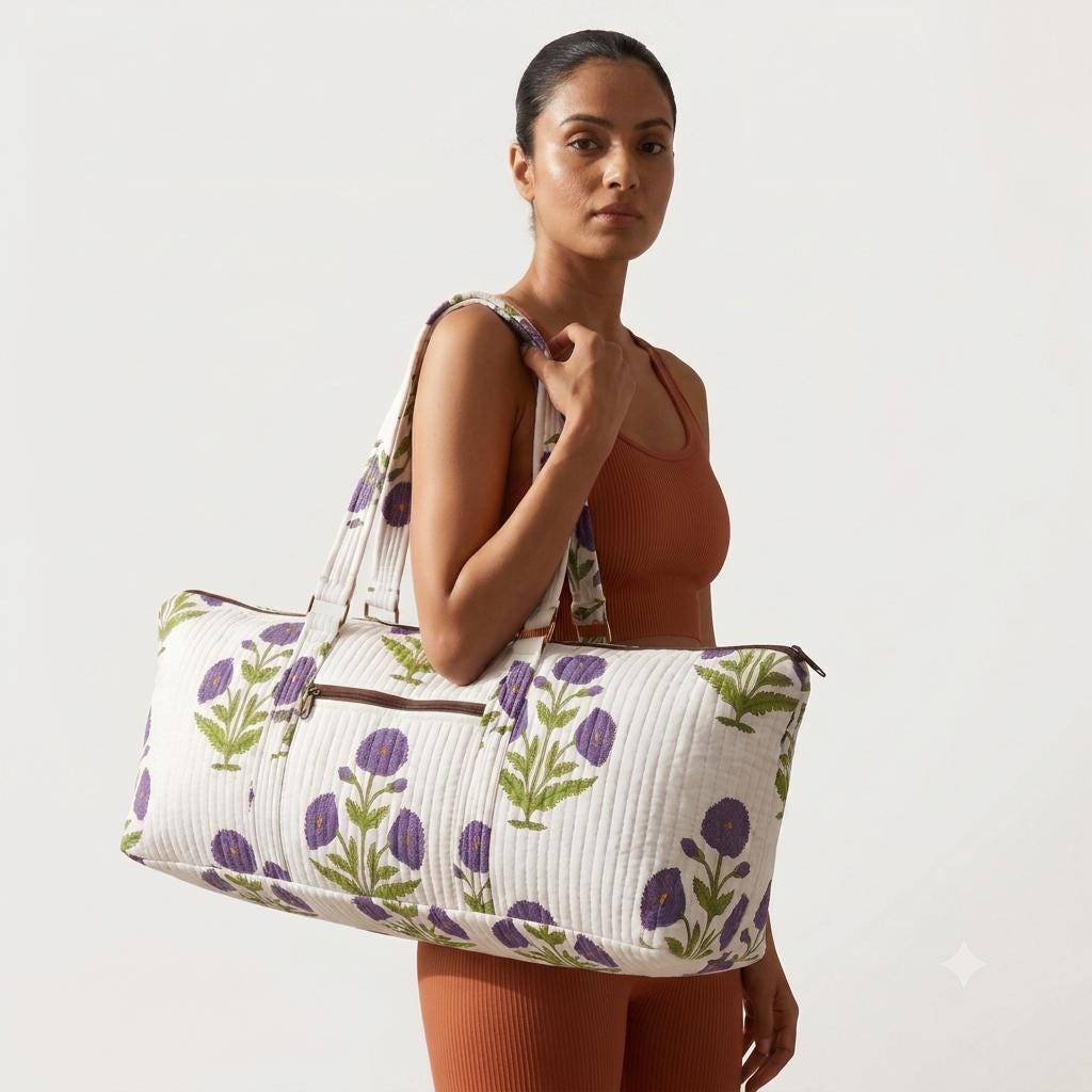 Purple Poppy Quilted Cotton Yoga Mat Bag, Handcrafted Crossbody Carrier, White Floral Fitness Tote