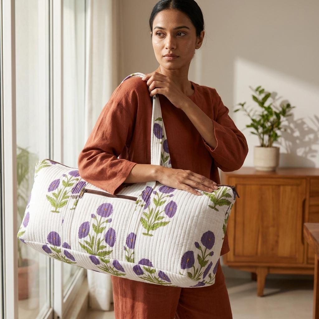 Purple Poppy Quilted Cotton Yoga Mat Bag, Handcrafted Crossbody Carrier, White Floral Fitness Tote