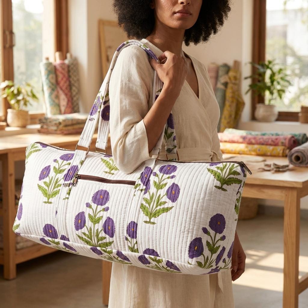 Purple Poppy Quilted Cotton Yoga Mat Bag, Handcrafted Crossbody Carrier, White Floral Fitness Tote