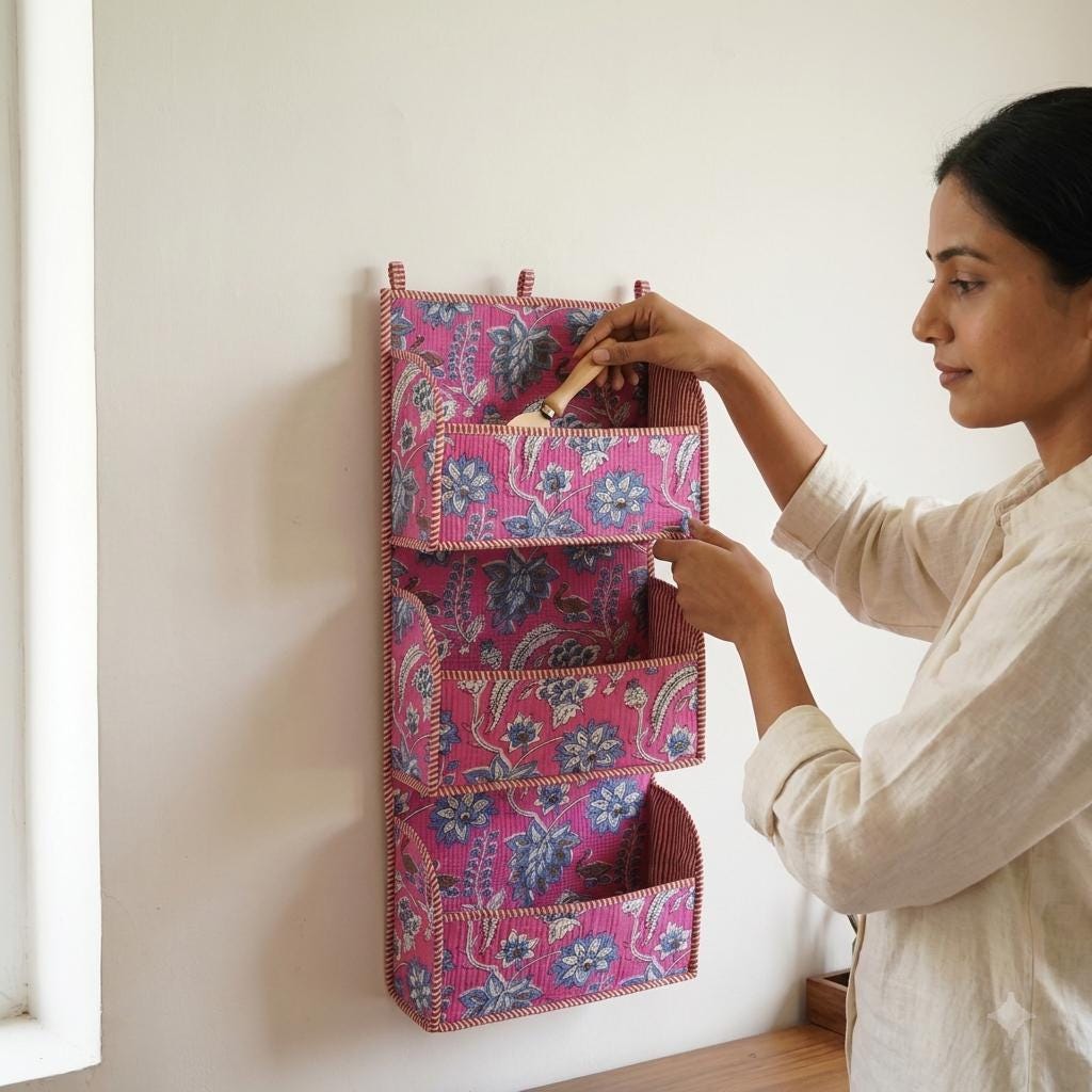 Pink Floral Quilted Cotton Hanging Wall Organizer, Handcrafted Tiered Pocket Fabric Mail Hanger