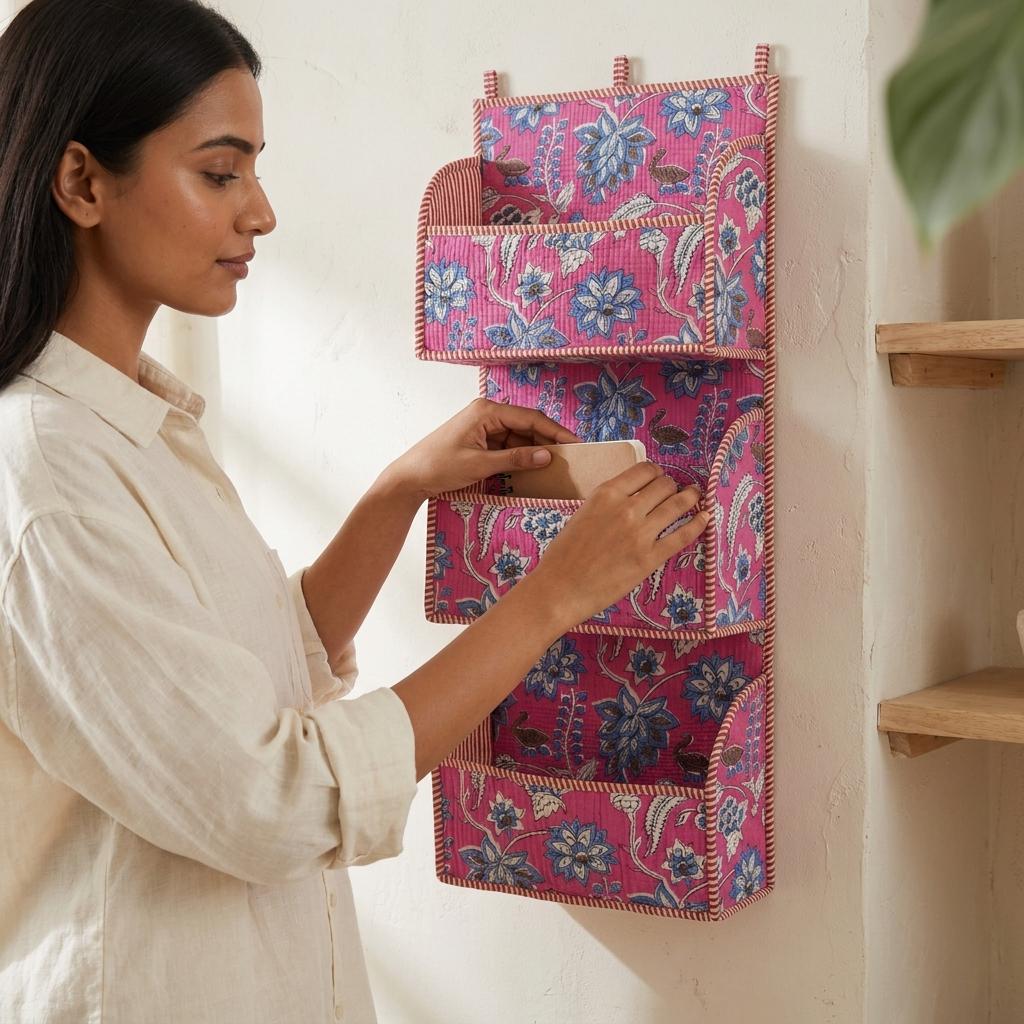 Pink Floral Quilted Cotton Hanging Wall Organizer, Handcrafted Tiered Pocket Fabric Mail Hanger