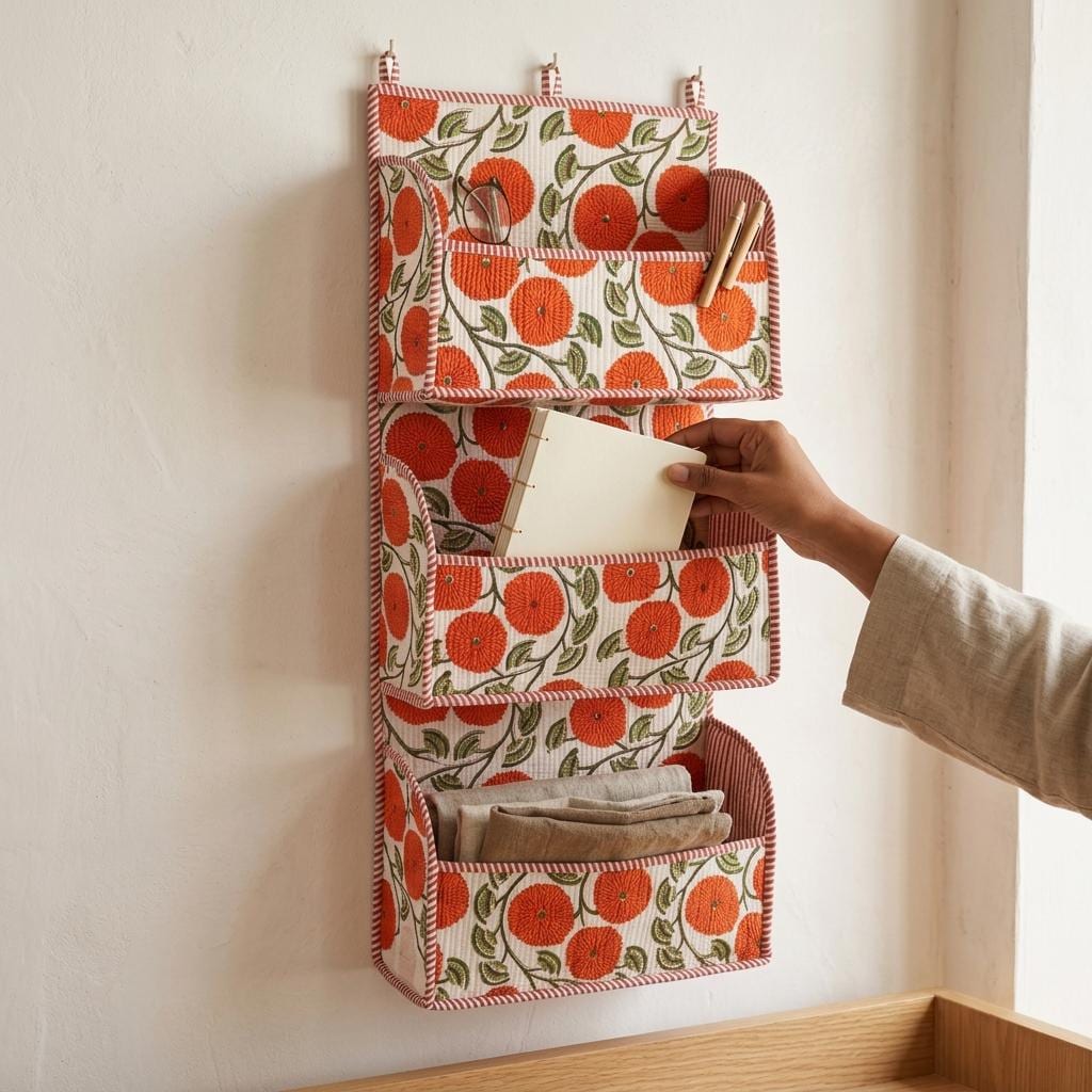 Orange Marigold Quilted Cotton Hanging Wall Organizer, Handcrafted Tiered Pocket Fabric Mail Hanger