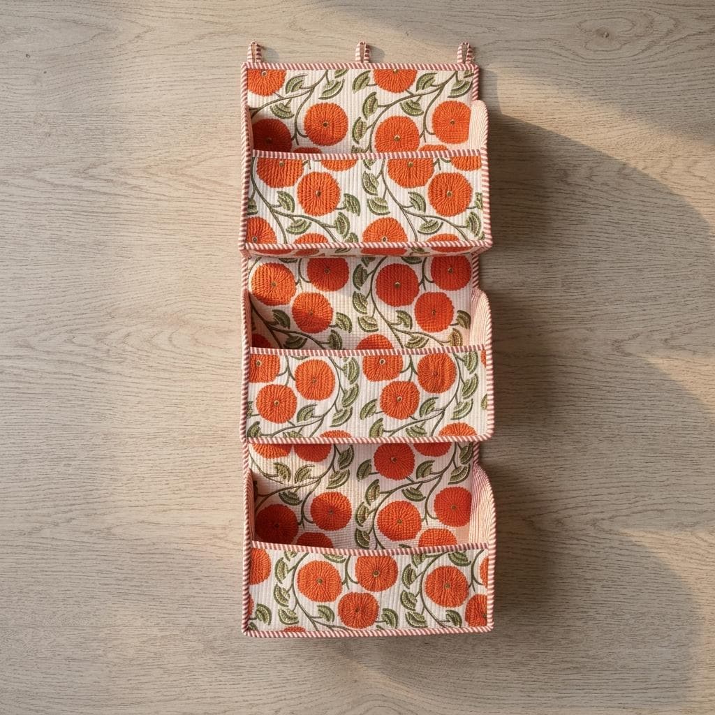 Orange Marigold Quilted Cotton Hanging Wall Organizer, Handcrafted Tiered Pocket Fabric Mail Hanger