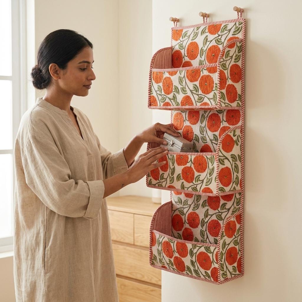 Orange Marigold Quilted Cotton Hanging Wall Organizer, Handcrafted Tiered Pocket Fabric Mail Hanger