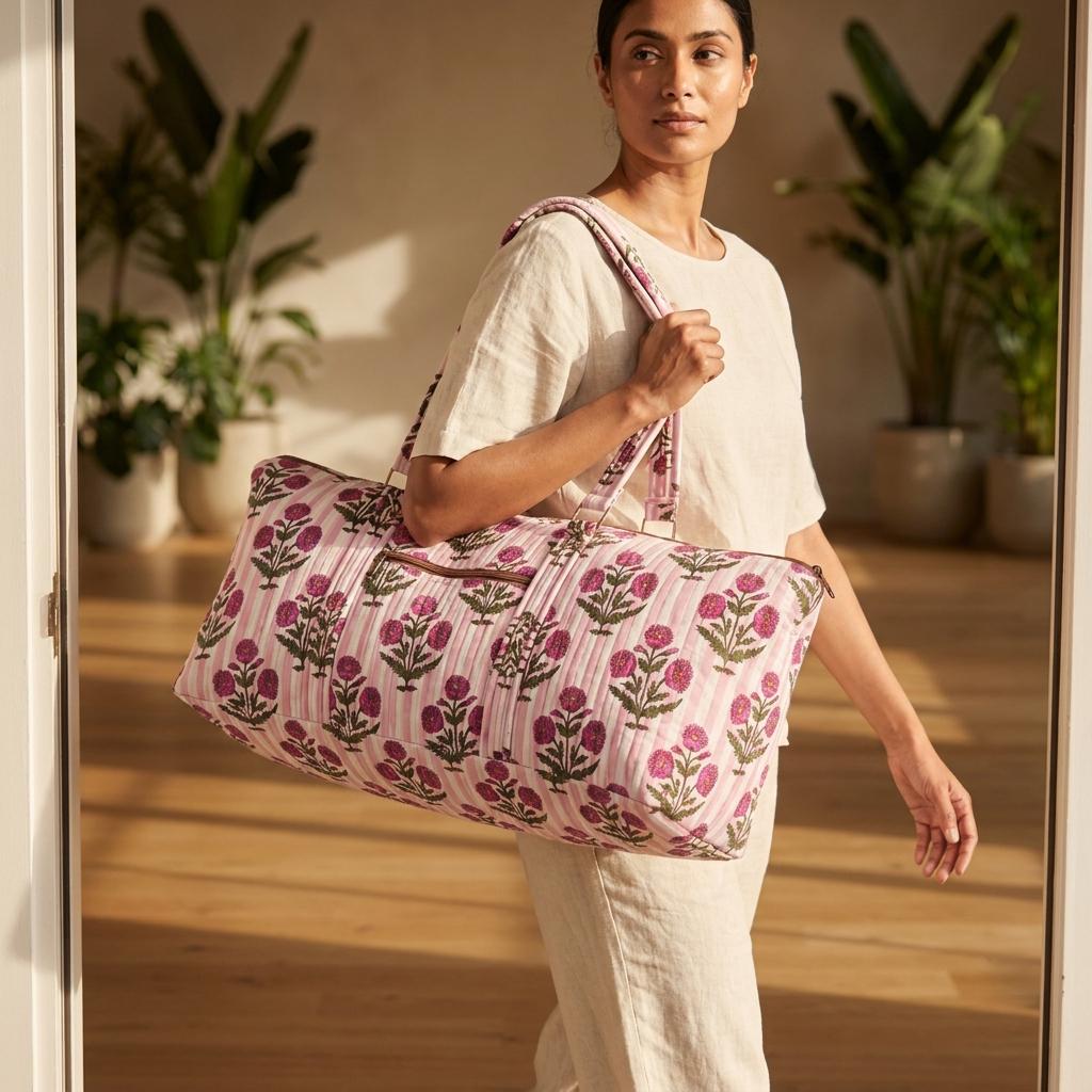 Pink Marigold Quilted Cotton Yoga Mat Bag, Handcrafted Shoulder Carrier, Striped Fitness Tote