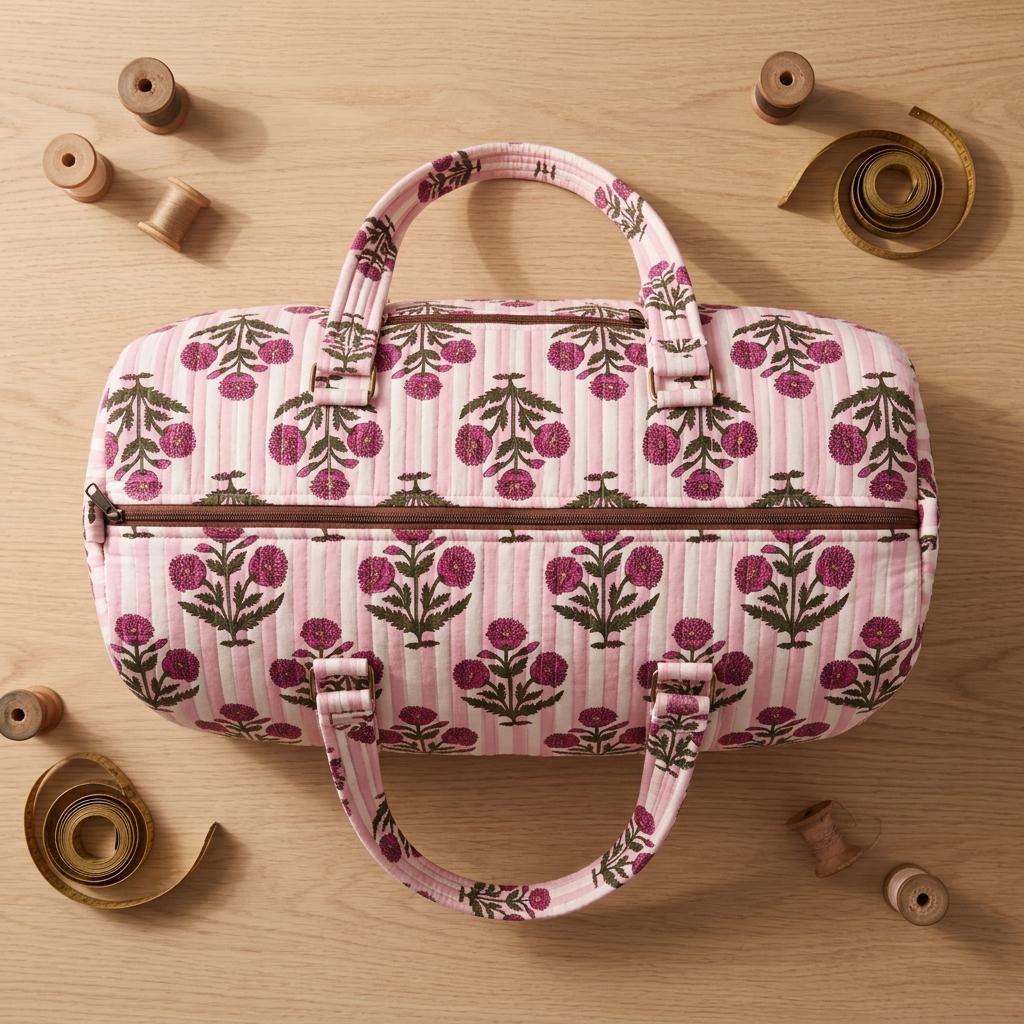 Pink Marigold Quilted Cotton Yoga Mat Bag, Handcrafted Shoulder Carrier, Striped Fitness Tote