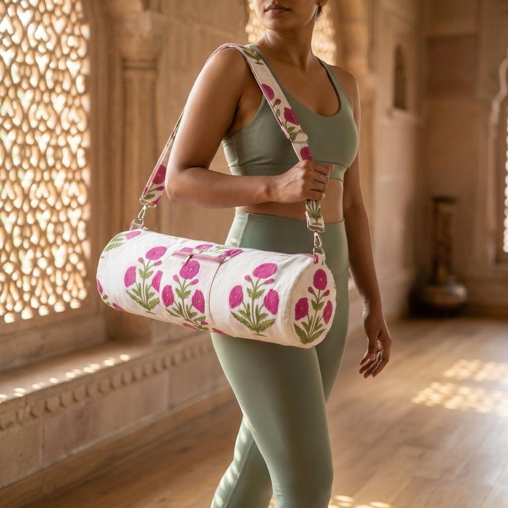 Pink Poppy Quilted Cotton Yoga Mat Bag, Handcrafted Crossbody Carrier, White Floral Fitness Tote