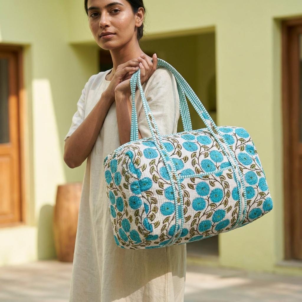 Handmade Blue Floral Quilted Cotton Duffel Bag, Turquoise Botanical Travel Weekender