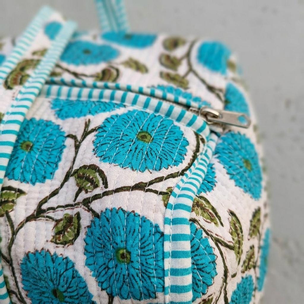 Handmade Blue Floral Quilted Cotton Duffel Bag, Turquoise Botanical Travel Weekender