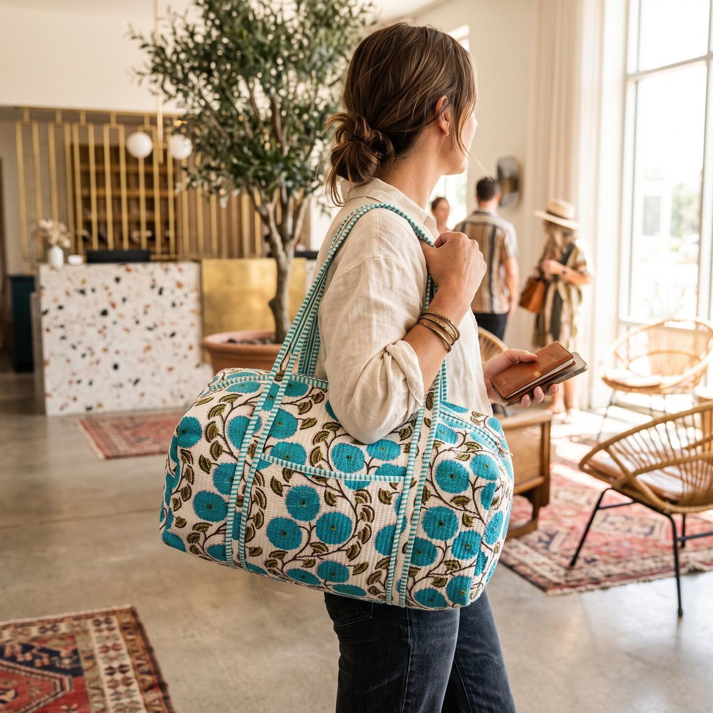 Handmade Blue Floral Quilted Cotton Duffel Bag, Turquoise Botanical Travel Weekender