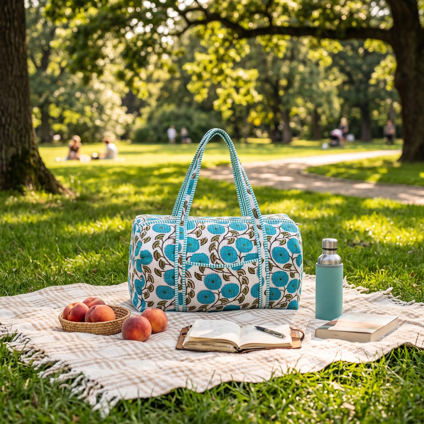 Handmade Blue Floral Quilted Cotton Duffel Bag, Turquoise Botanical Travel Weekender