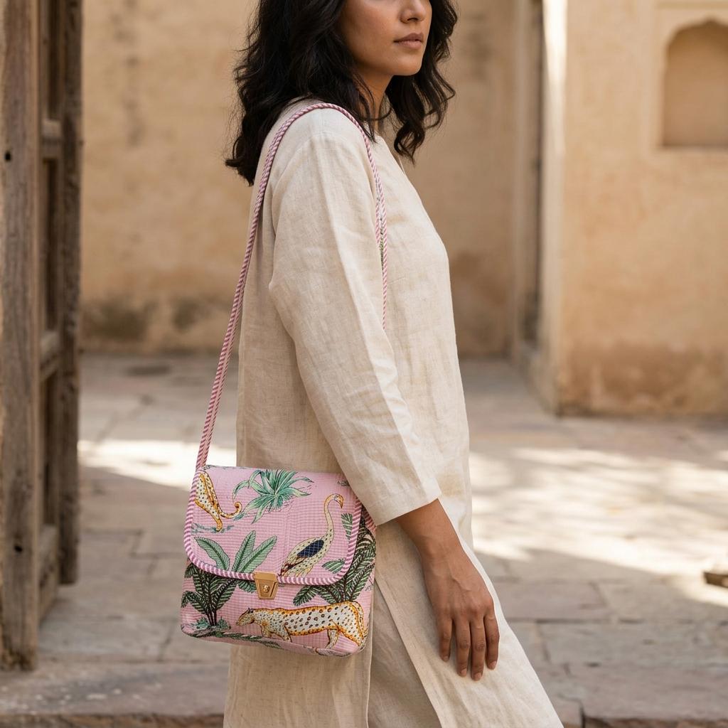 Pink Leopard Quilted Cotton Crossbody Bag, Handcrafted Flap Shoulder Carrier, Animal Print Sling Tote