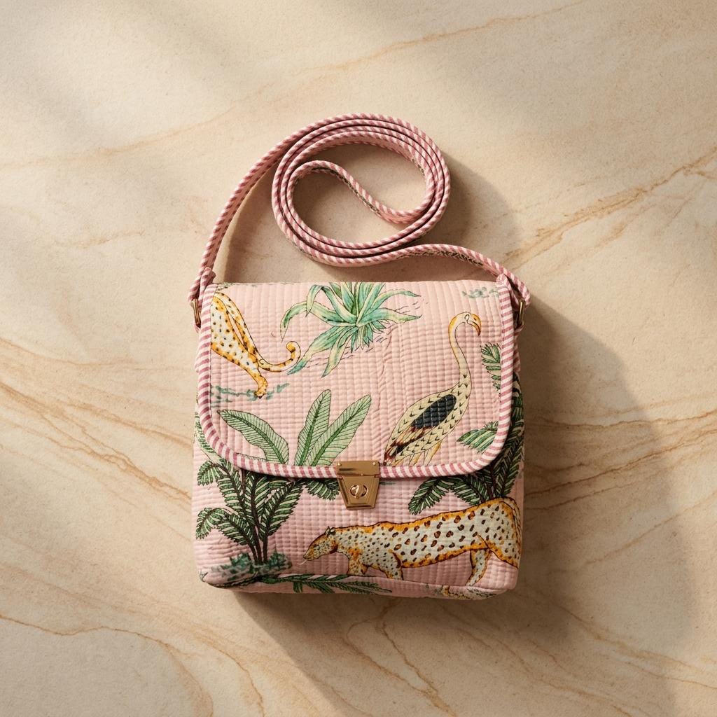 Pink Leopard Quilted Cotton Crossbody Bag, Handcrafted Flap Shoulder Carrier, Animal Print Sling Tote