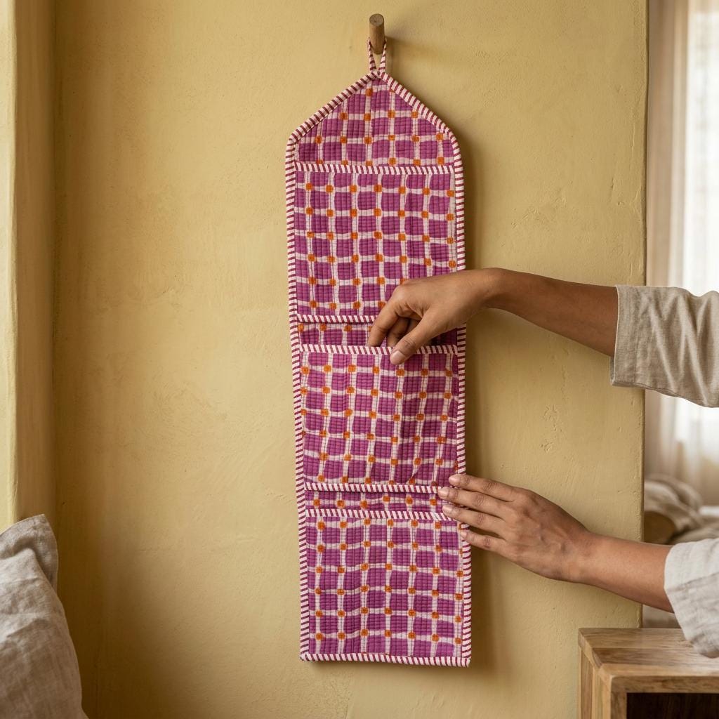 Purple Grid Plaid Quilted Cotton Hanging Wall Organizer, Handcrafted Multi Pocket Fabric Storage Hanger