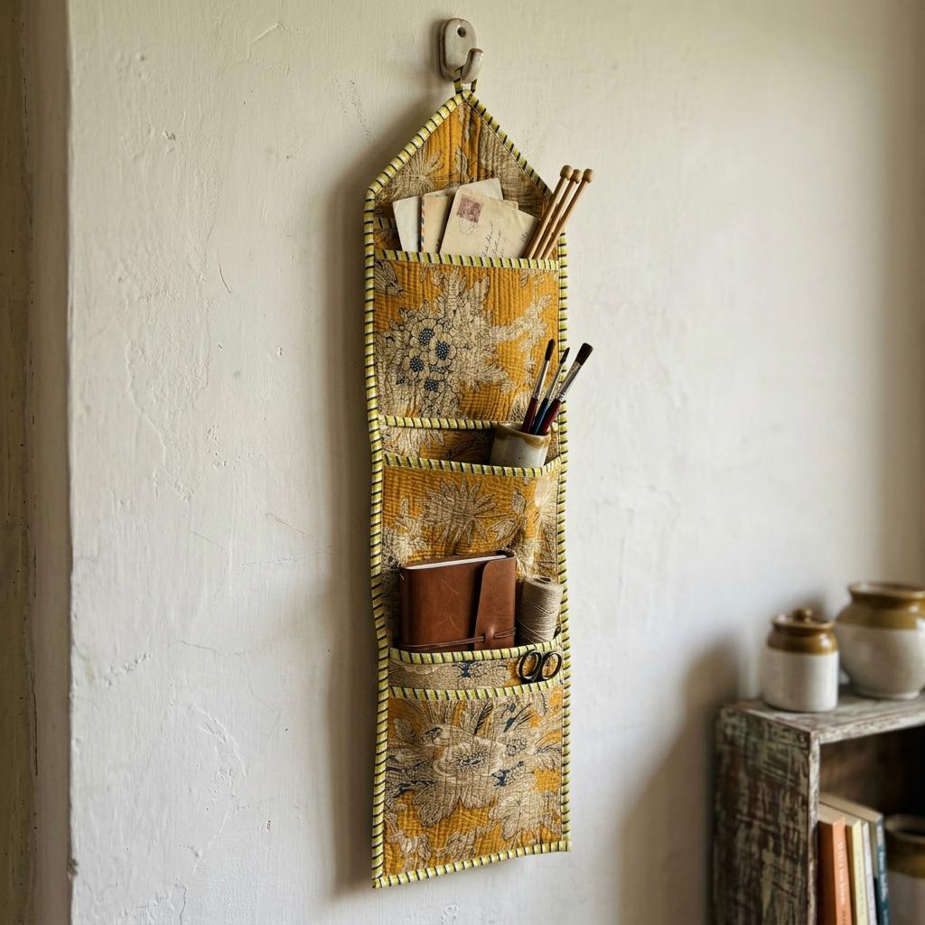 Mustard Yellow Quilted Cotton Hanging Wall Organizer, Handcrafted Multi Pocket Fabric Jewelry Hanger
