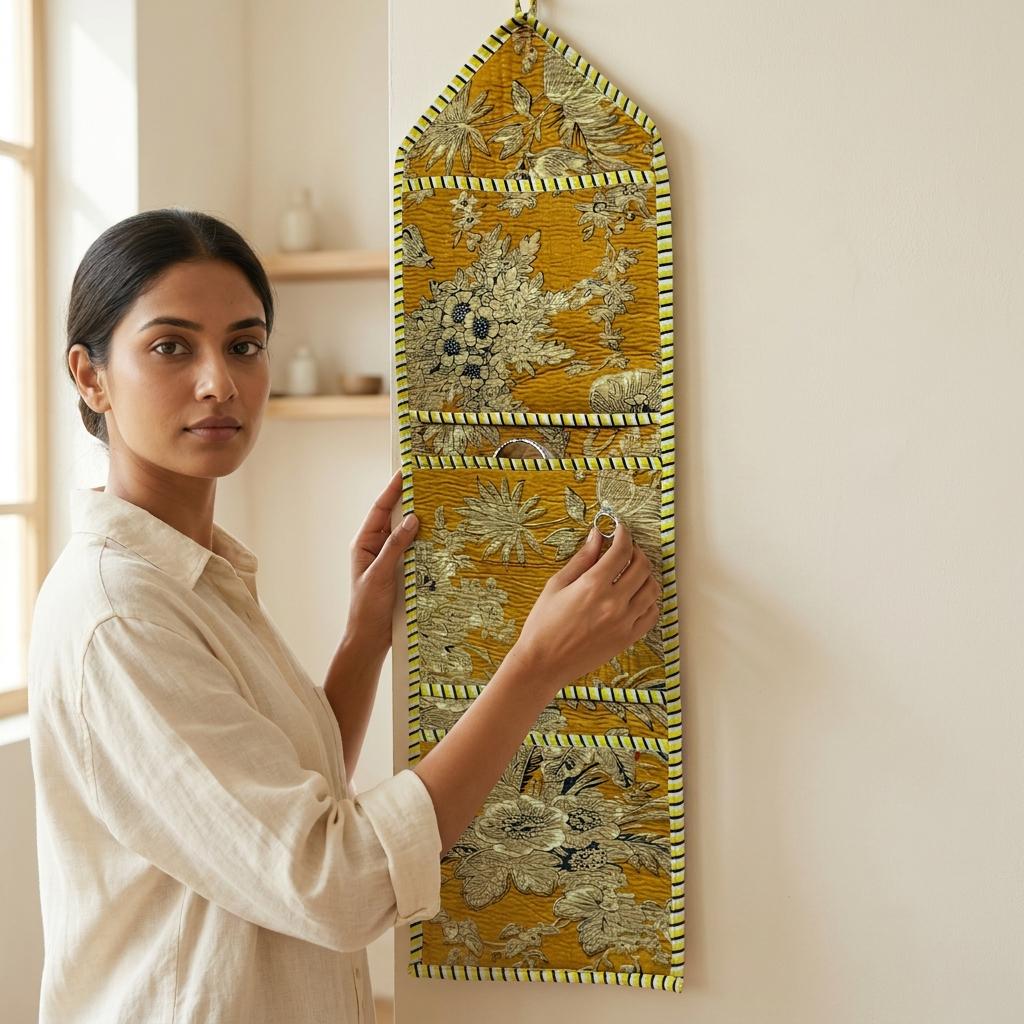 Mustard Yellow Quilted Cotton Hanging Wall Organizer, Handcrafted Multi Pocket Fabric Jewelry Hanger