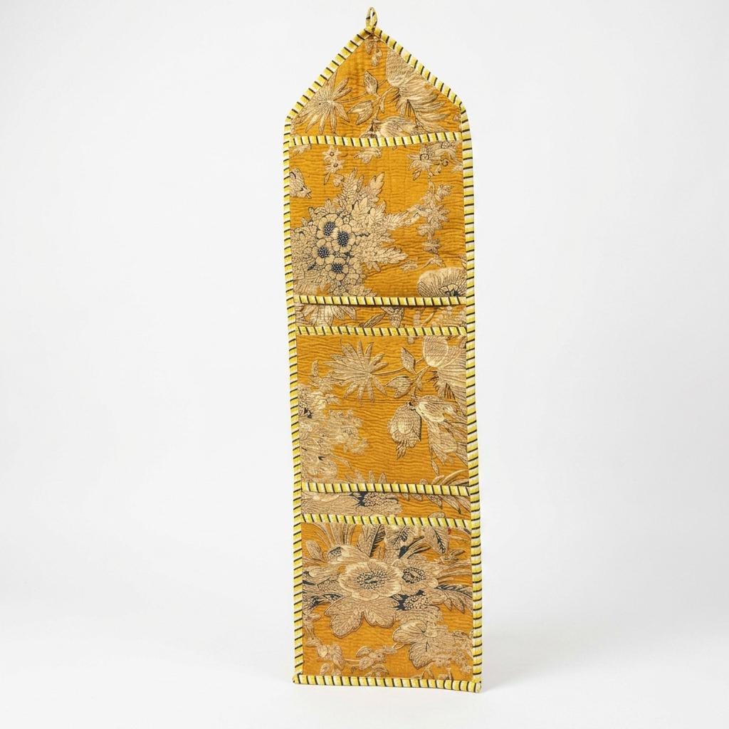Mustard Yellow Quilted Cotton Hanging Wall Organizer, Handcrafted Multi Pocket Fabric Jewelry Hanger
