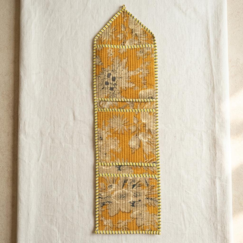 Mustard Yellow Quilted Cotton Hanging Wall Organizer, Handcrafted Multi Pocket Fabric Jewelry Hanger