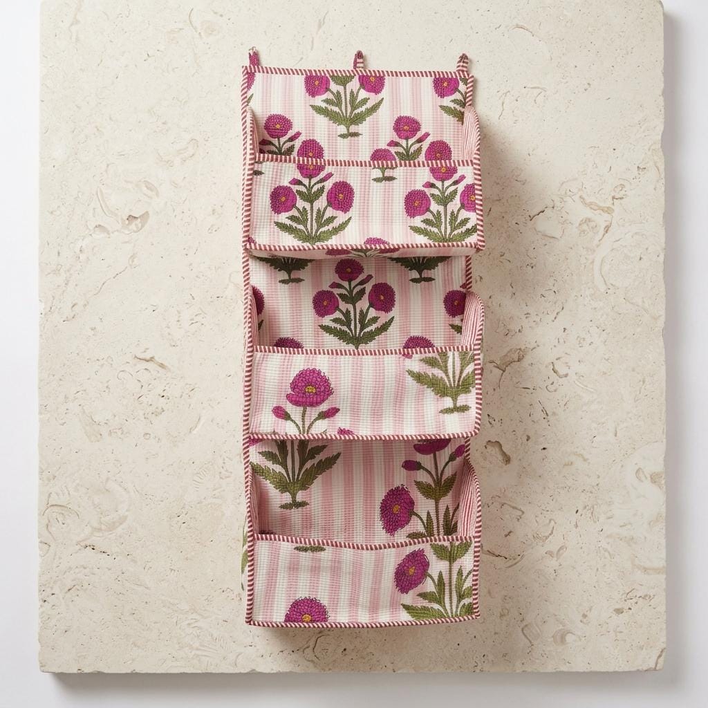 Pink Stripe Quilted Cotton Hanging Wall Organizer, Handcrafted Tiered Pocket Fabric Mail Hanger