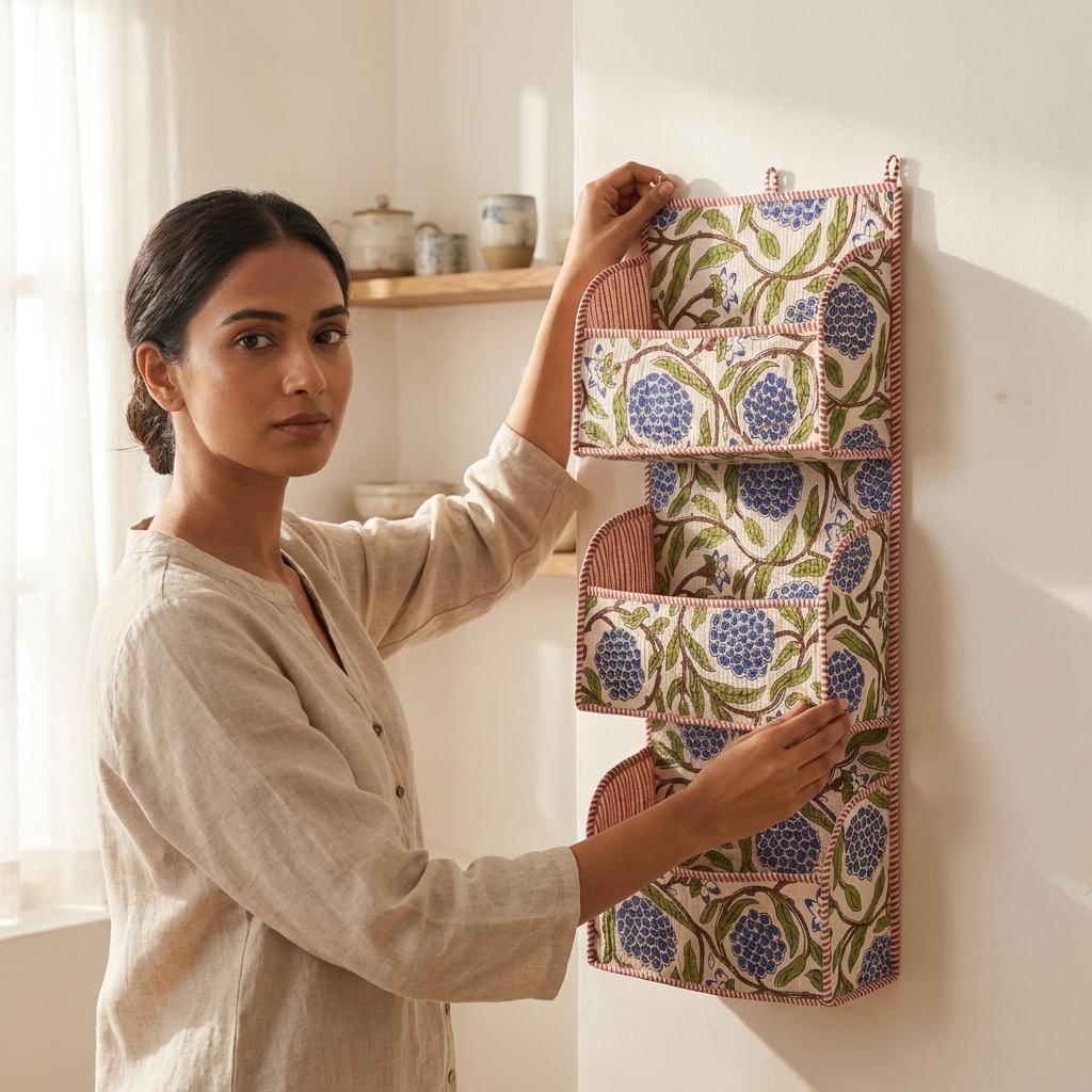 Blue Marigold Quilted Cotton Hanging Wall Organizer, Handcrafted Tiered Pocket Fabric Mail Hanger