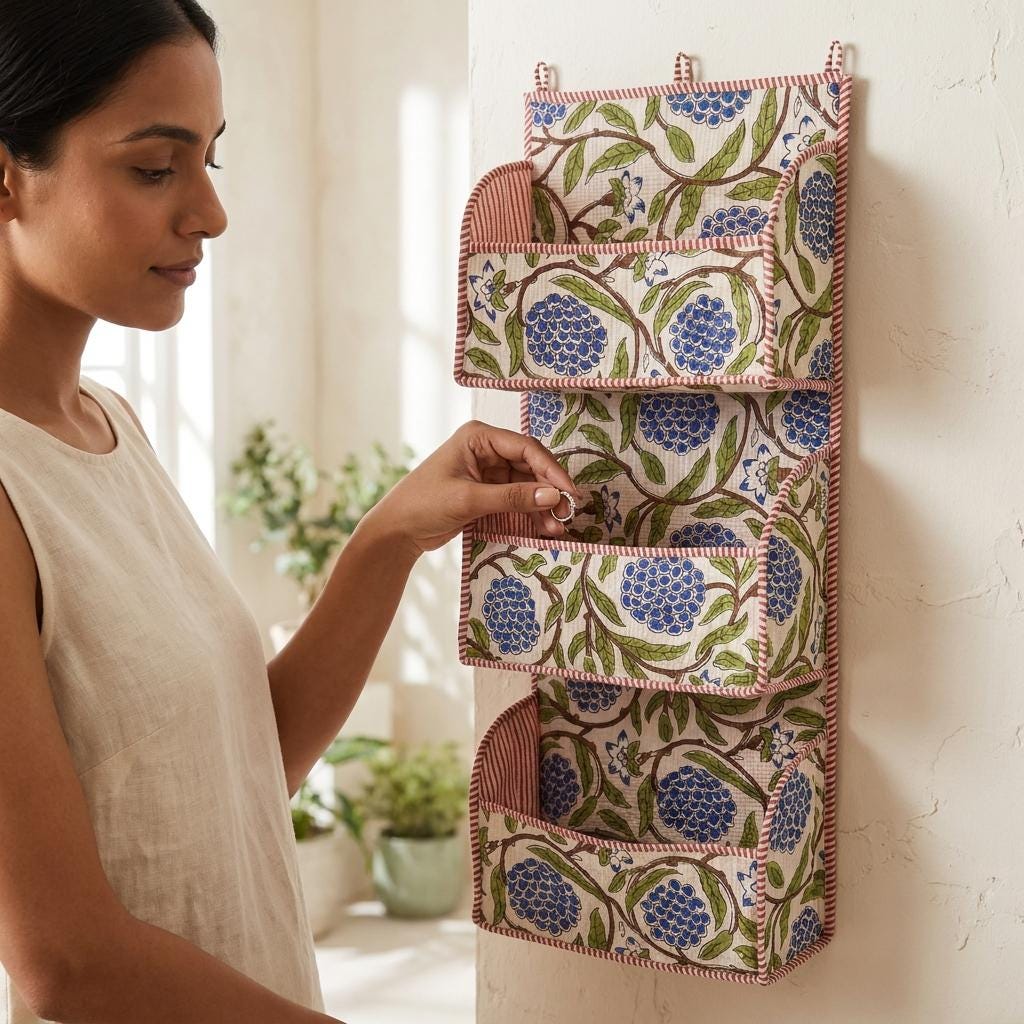 Blue Marigold Quilted Cotton Hanging Wall Organizer, Handcrafted Tiered Pocket Fabric Mail Hanger