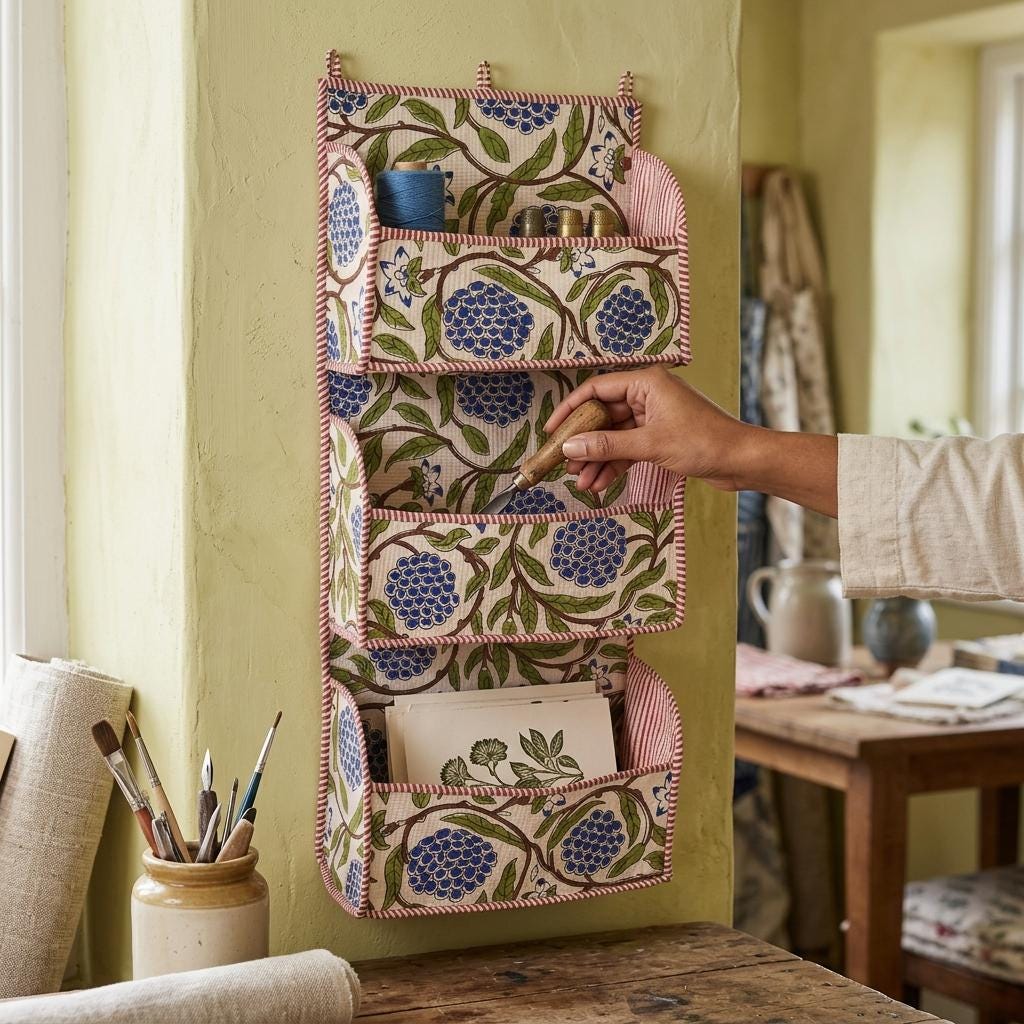 Blue Marigold Quilted Cotton Hanging Wall Organizer, Handcrafted Tiered Pocket Fabric Mail Hanger