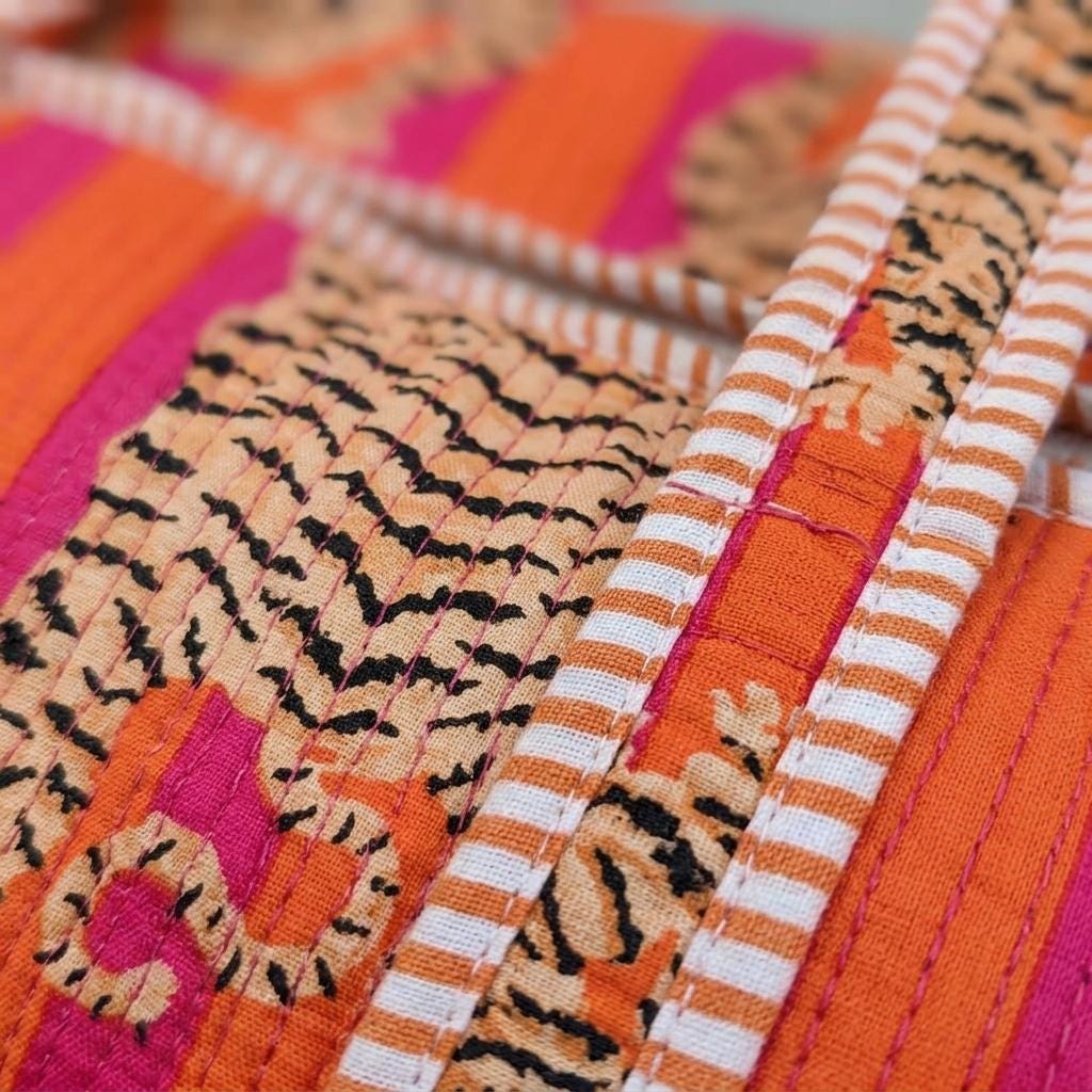 Orange Tiger Quilted Cotton Duffle Travel Bag, Handcrafted Pink Striped Weekend Carry On Overnight