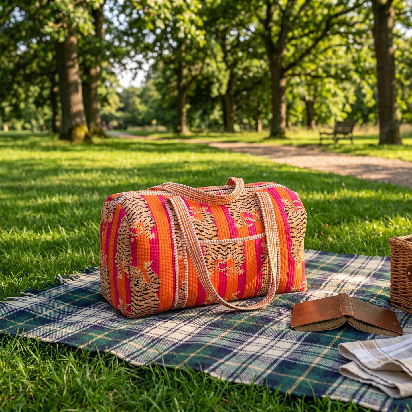 Orange Tiger Quilted Cotton Duffle Travel Bag, Handcrafted Pink Striped Weekend Carry On Overnight
