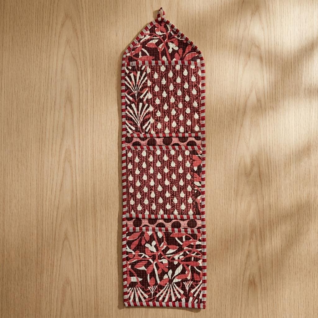 Maroon Quilted Cotton Hanging Wall Organizer, Handcrafted Multi Pocket Fabric Rust Storage Hanger