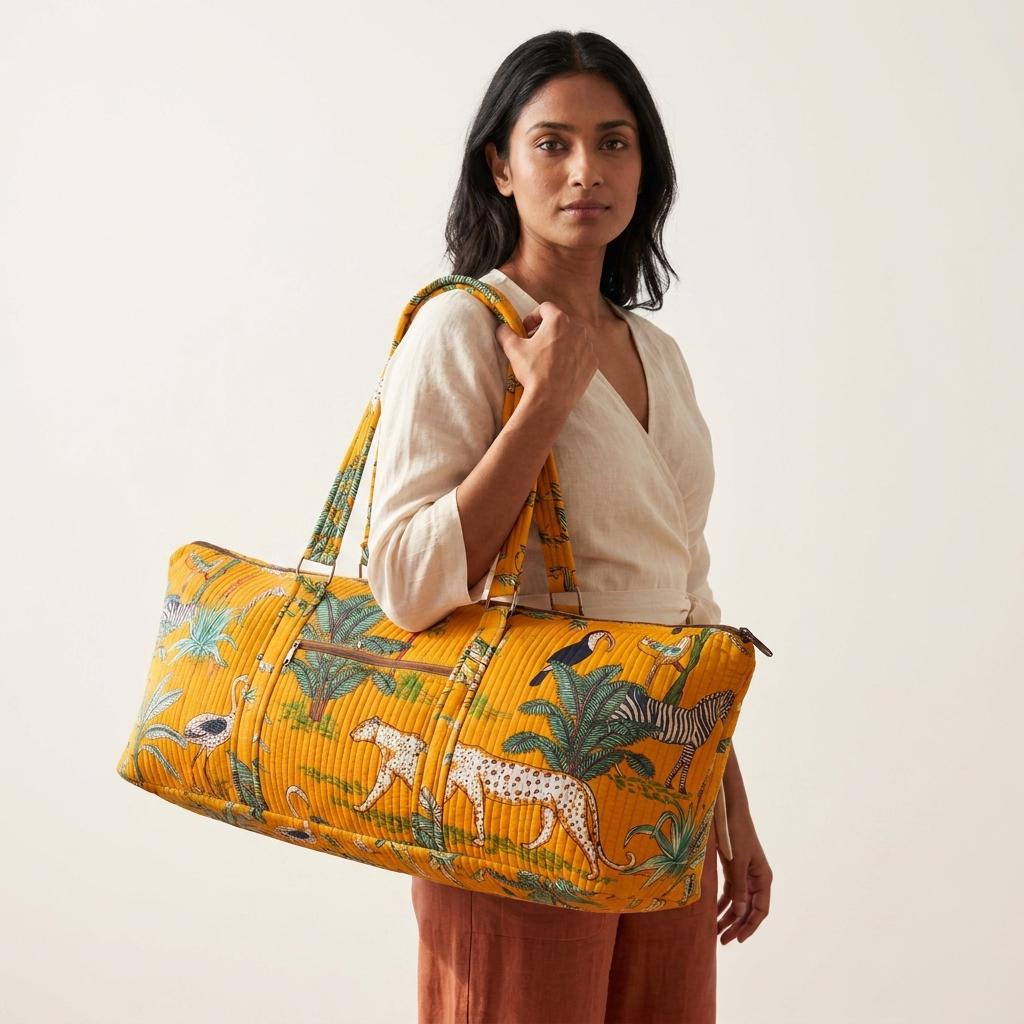 Yellow Leopard Quilted Cotton Yoga Mat Bag, Handcrafted Shoulder Carrier, Zebra Fitness Tote