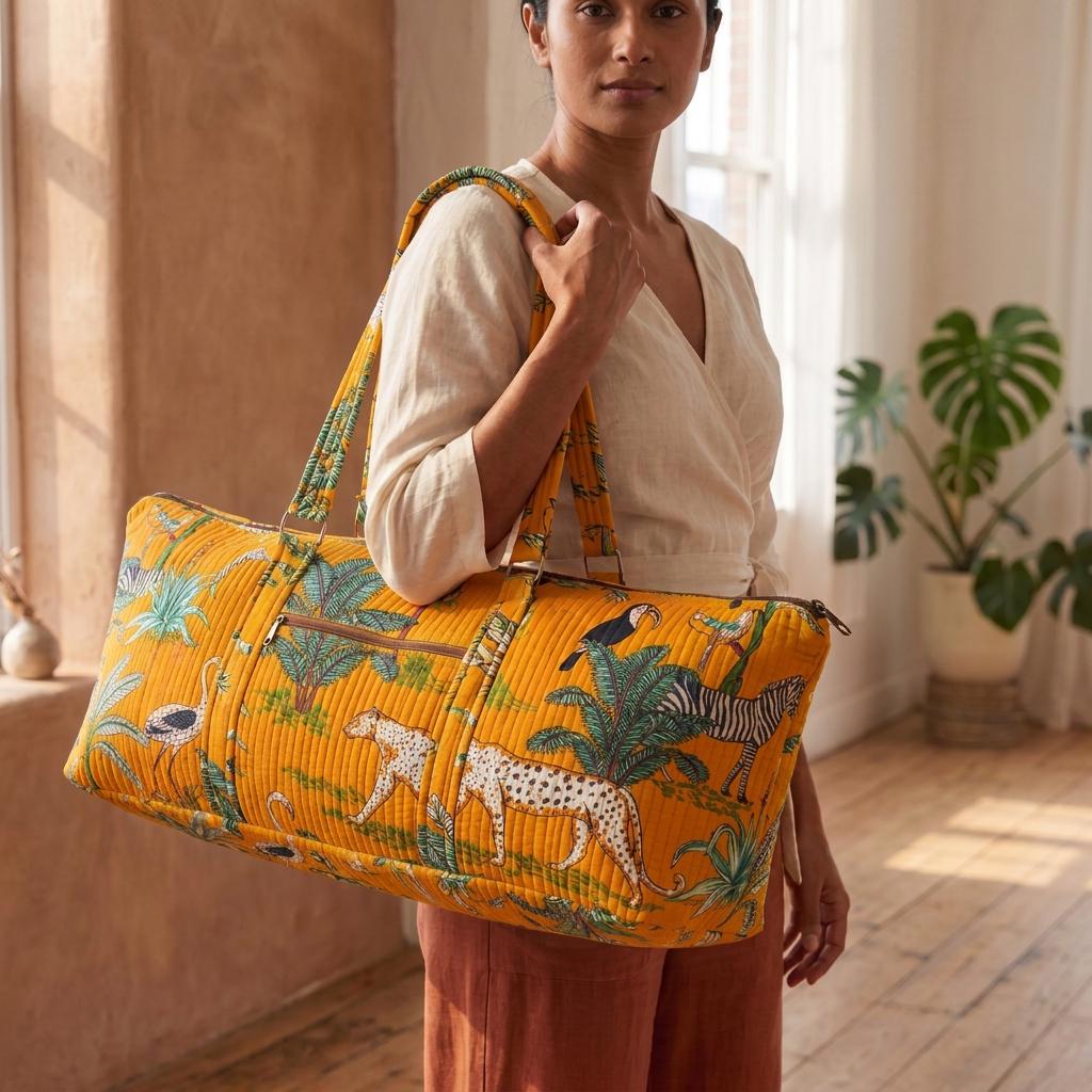 Yellow Leopard Quilted Cotton Yoga Mat Bag, Handcrafted Shoulder Carrier, Zebra Fitness Tote