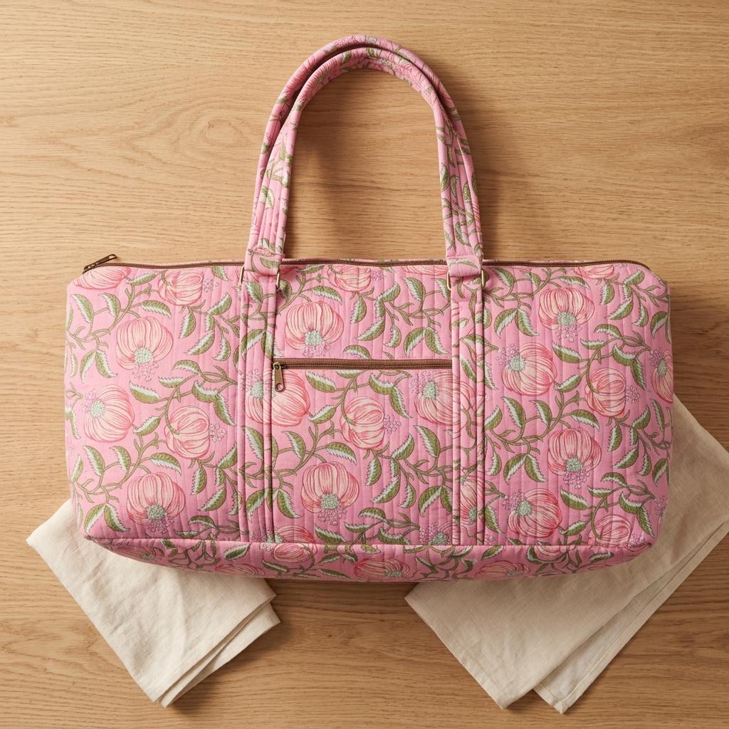 Pink Peony Quilted Cotton Yoga Mat Bag, Handcrafted Shoulder Carrier, Green Floral Fitness Tote