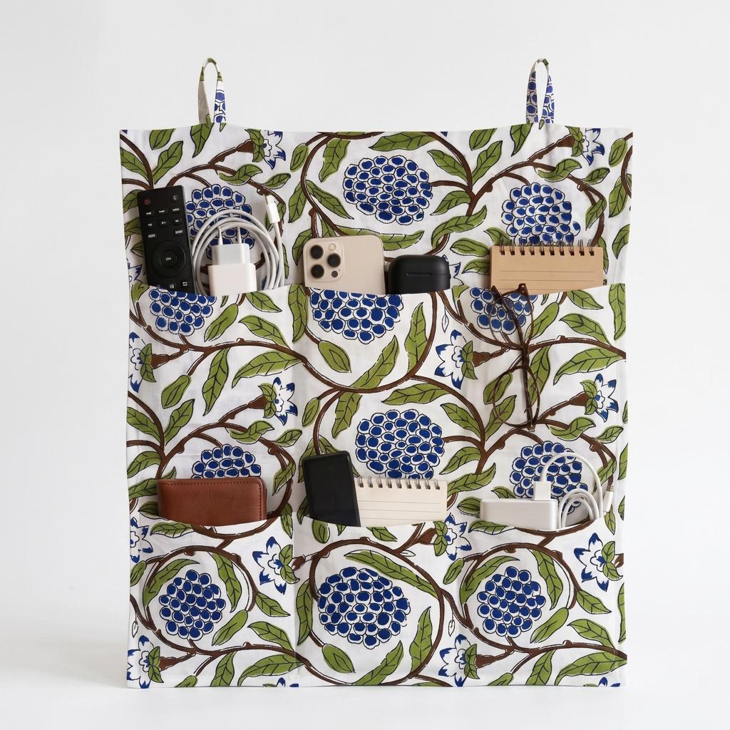 Blue Marigold Quilted Cotton Hanging Wall Organizer, Handcrafted Multi Pocket Fabric Desk Hanger