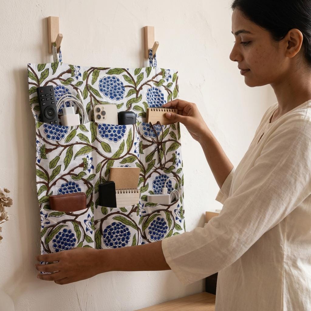 Blue Marigold Quilted Cotton Hanging Wall Organizer, Handcrafted Multi Pocket Fabric Desk Hanger