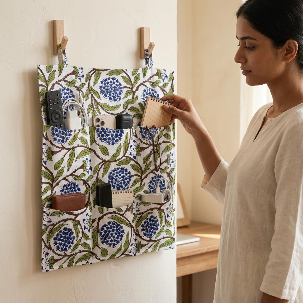 Blue Marigold Quilted Cotton Hanging Wall Organizer, Handcrafted Multi Pocket Fabric Desk Hanger