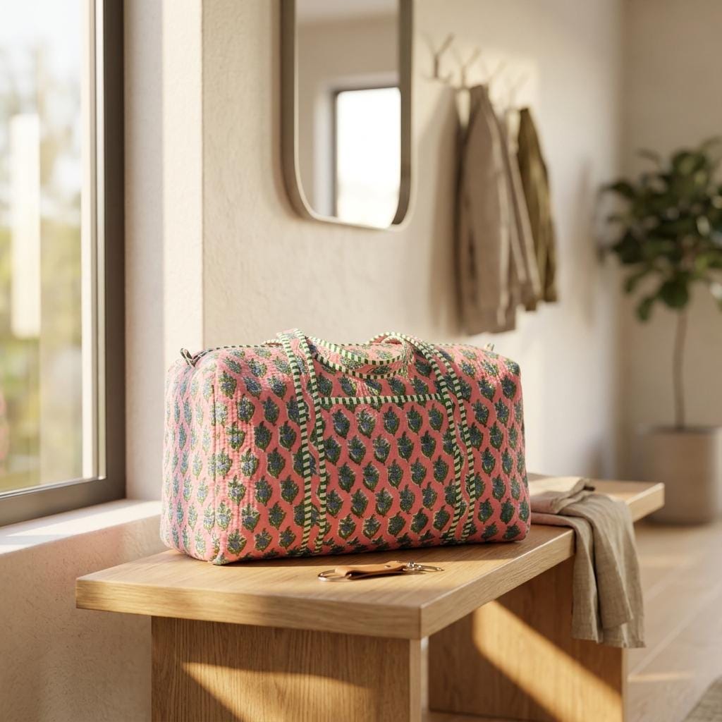 Pink Floral Quilted Cotton Duffle Travel Bag, Handcrafted Blue Flower Weekend Carry On Overnight