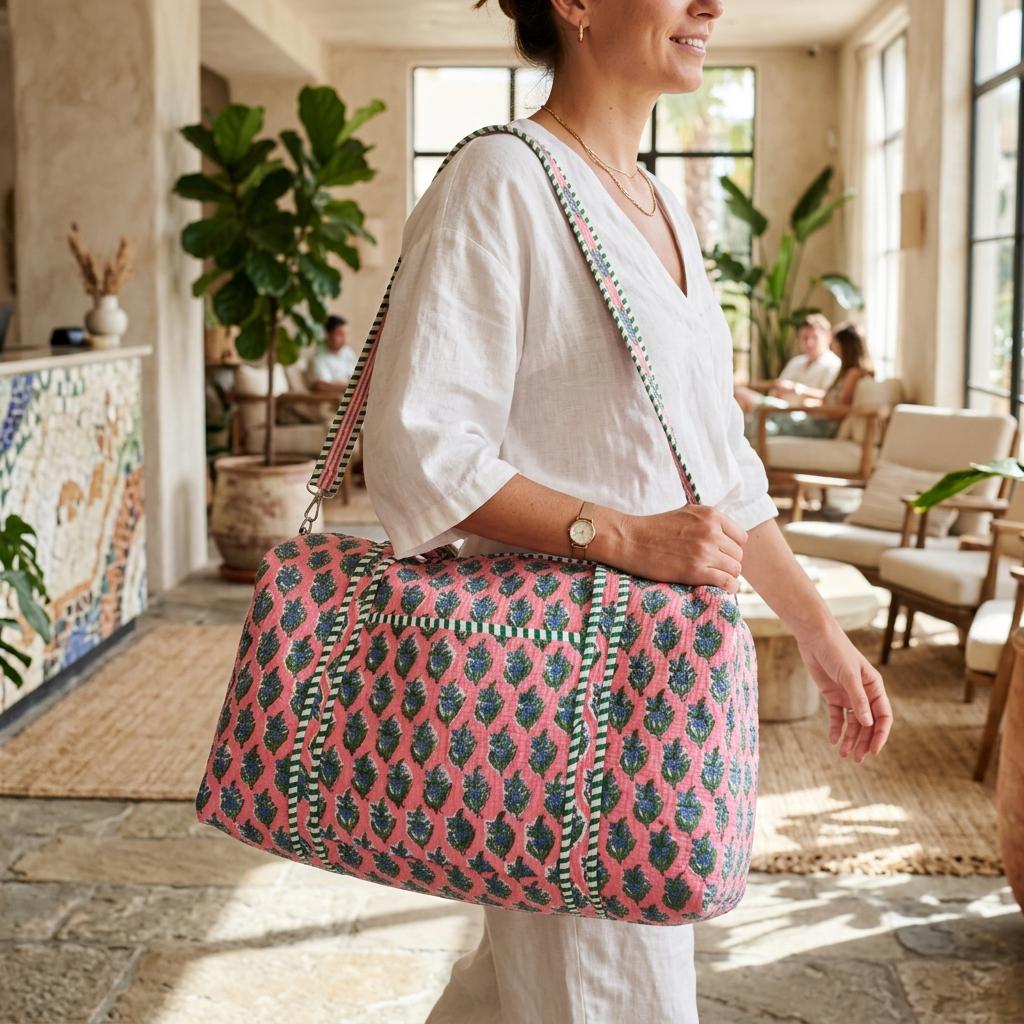 Pink Floral Quilted Cotton Duffle Travel Bag, Handcrafted Blue Flower Weekend Carry On Overnight