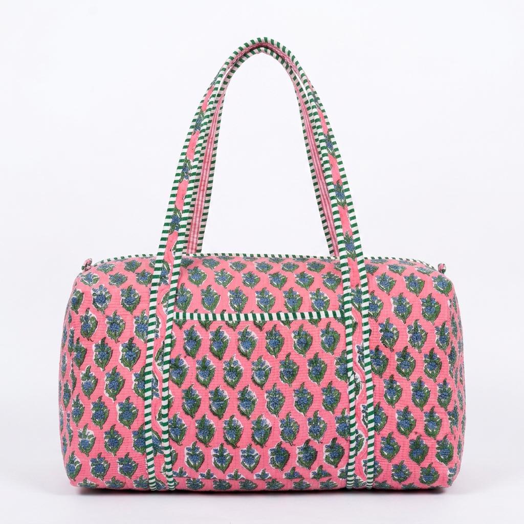 Pink Floral Quilted Cotton Duffle Travel Bag, Handcrafted Blue Flower Weekend Carry On Overnight