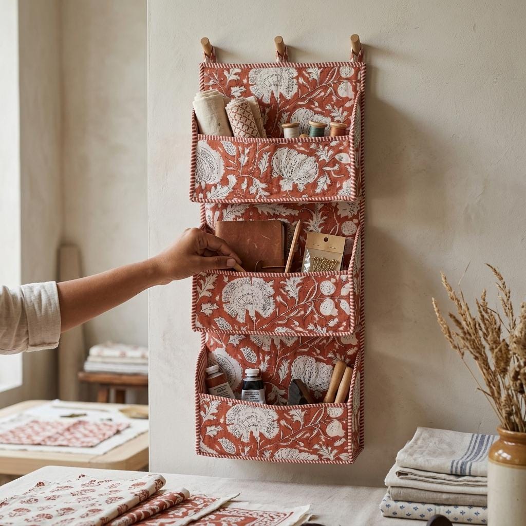 Rust Red Quilted Cotton Hanging Wall Organizer, Handcrafted Terracotta Tiered Pocket Fabric Mail Hanger