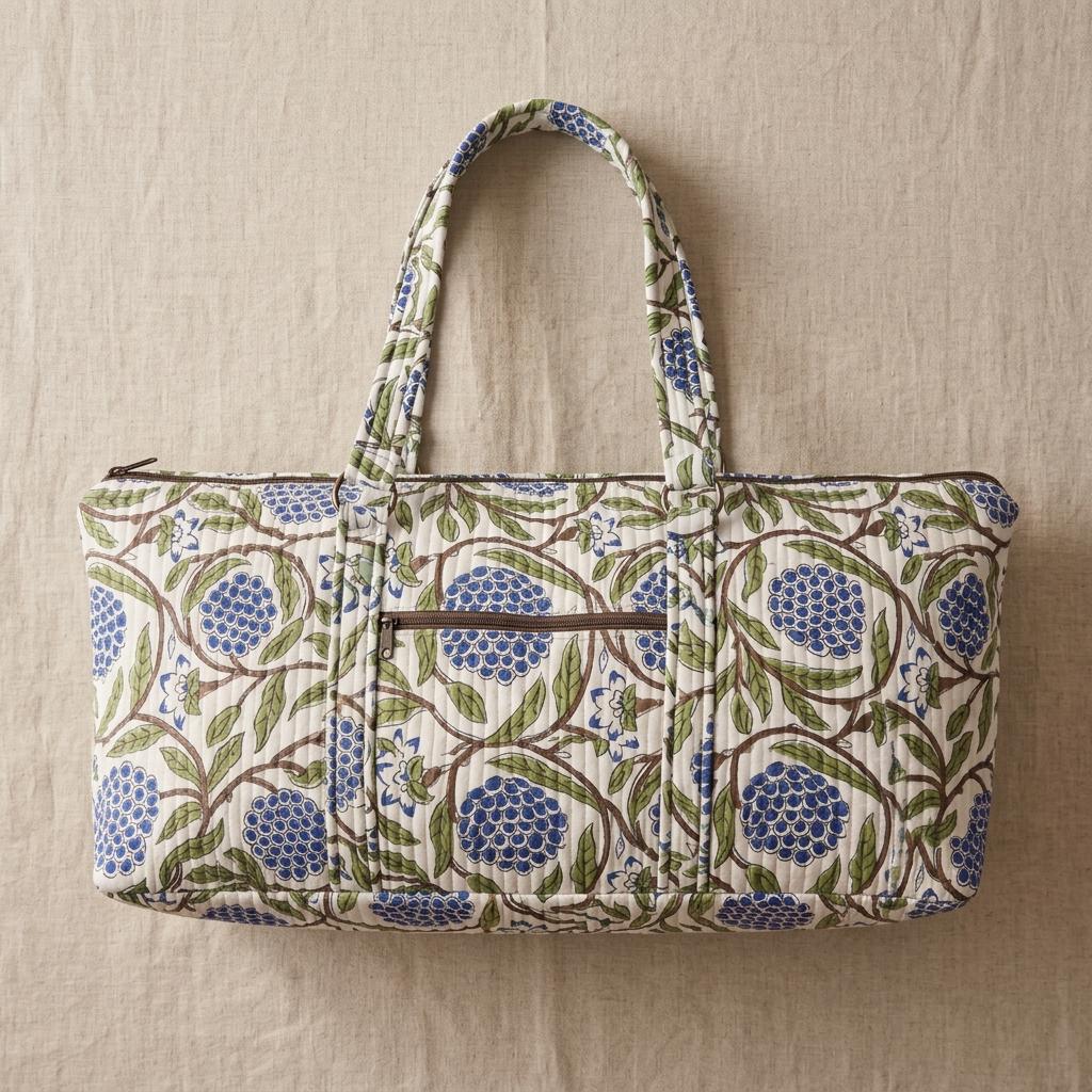 Blue Marigold Quilted Cotton Yoga Mat Bag, Handcrafted Shoulder Carrier, White Floral Fitness Tote