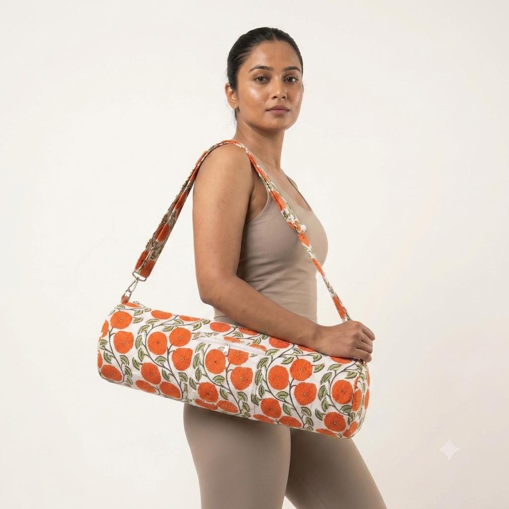 Orange Marigold Quilted Cotton Yoga Mat Bag, Handcrafted Crossbody Carrier, White Floral Fitness Tote