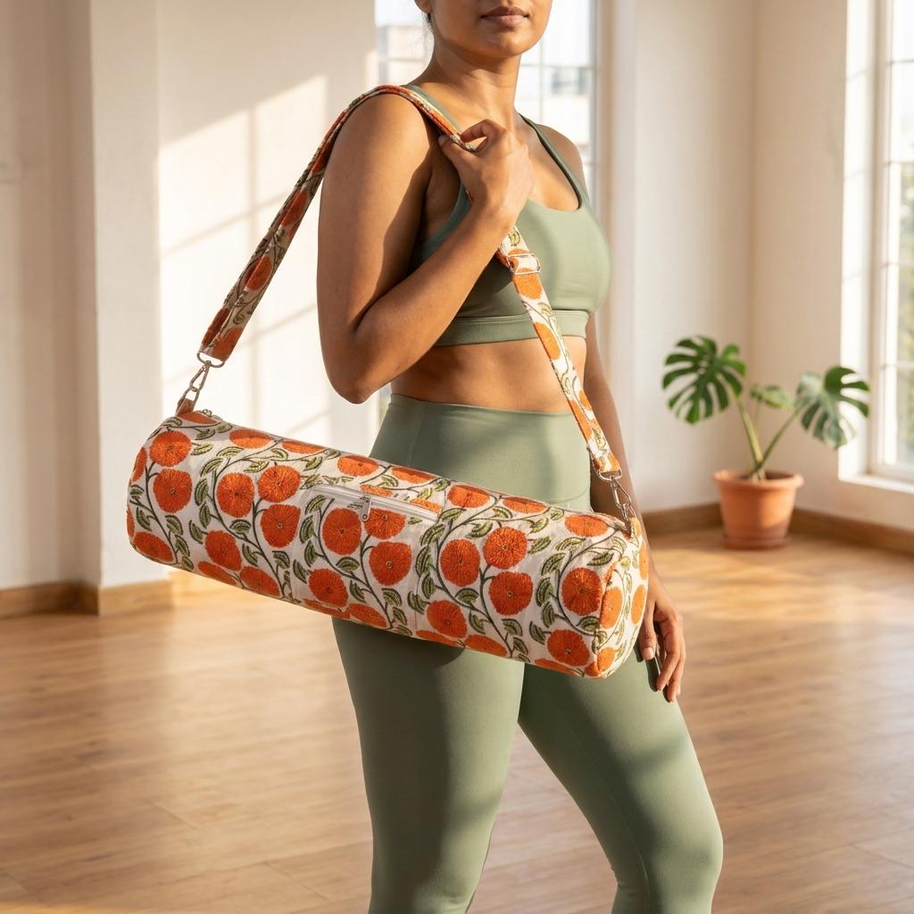 Orange Marigold Quilted Cotton Yoga Mat Bag, Handcrafted Crossbody Carrier, White Floral Fitness Tote