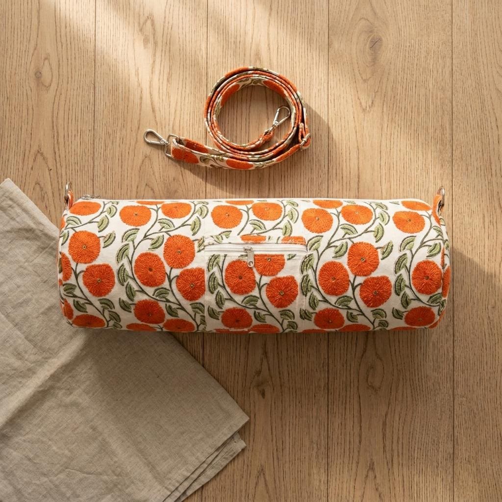 Orange Marigold Quilted Cotton Yoga Mat Bag, Handcrafted Crossbody Carrier, White Floral Fitness Tote
