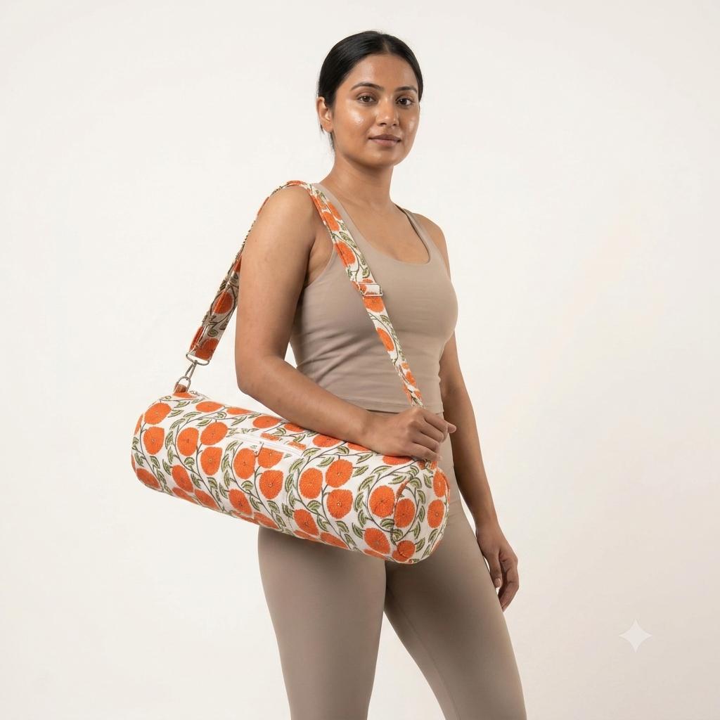 Orange Marigold Quilted Cotton Yoga Mat Bag, Handcrafted Crossbody Carrier, White Floral Fitness Tote