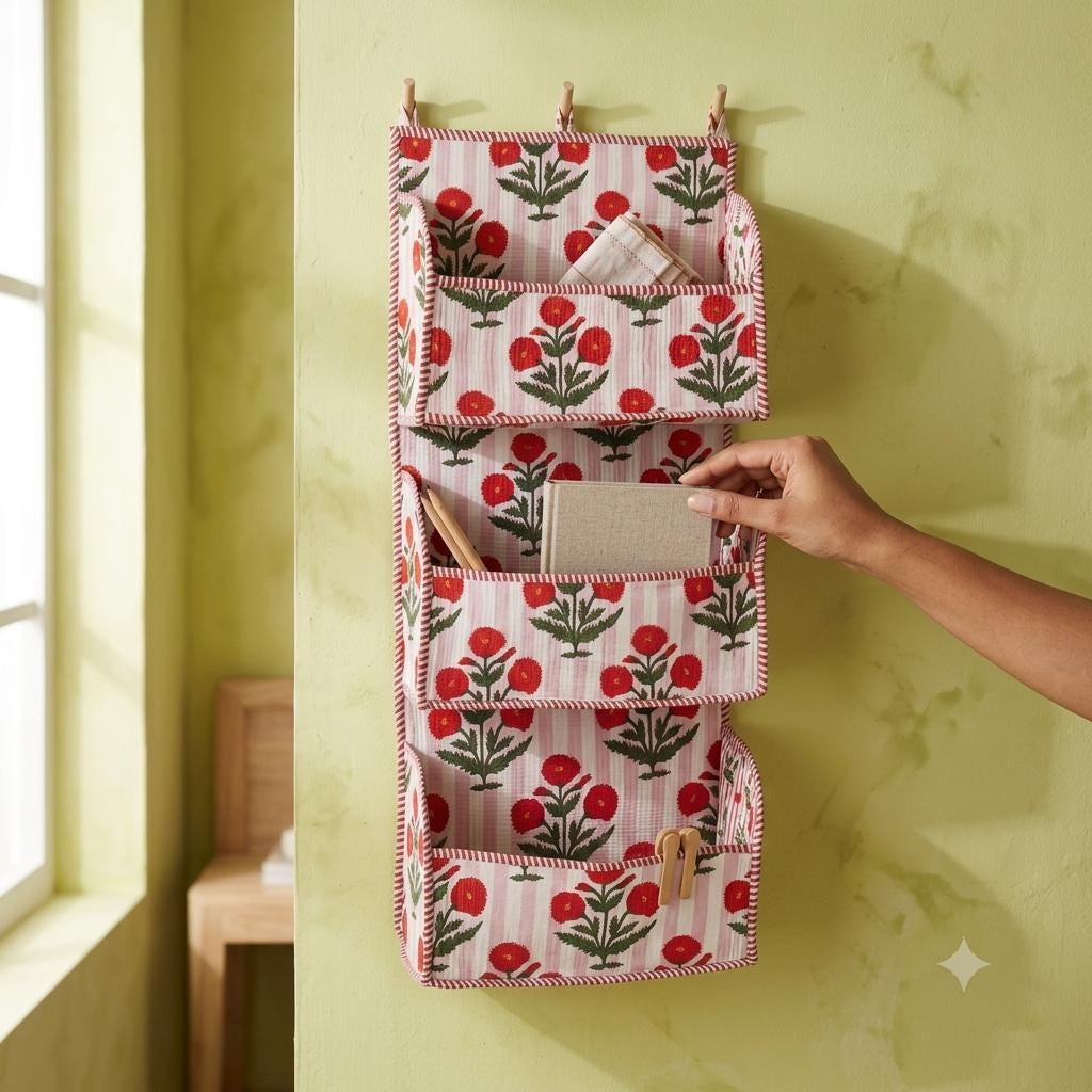 Red Flower Quilted Cotton Hanging Wall Organizer, Handcrafted Striped Tiered Pocket Mail Hanger