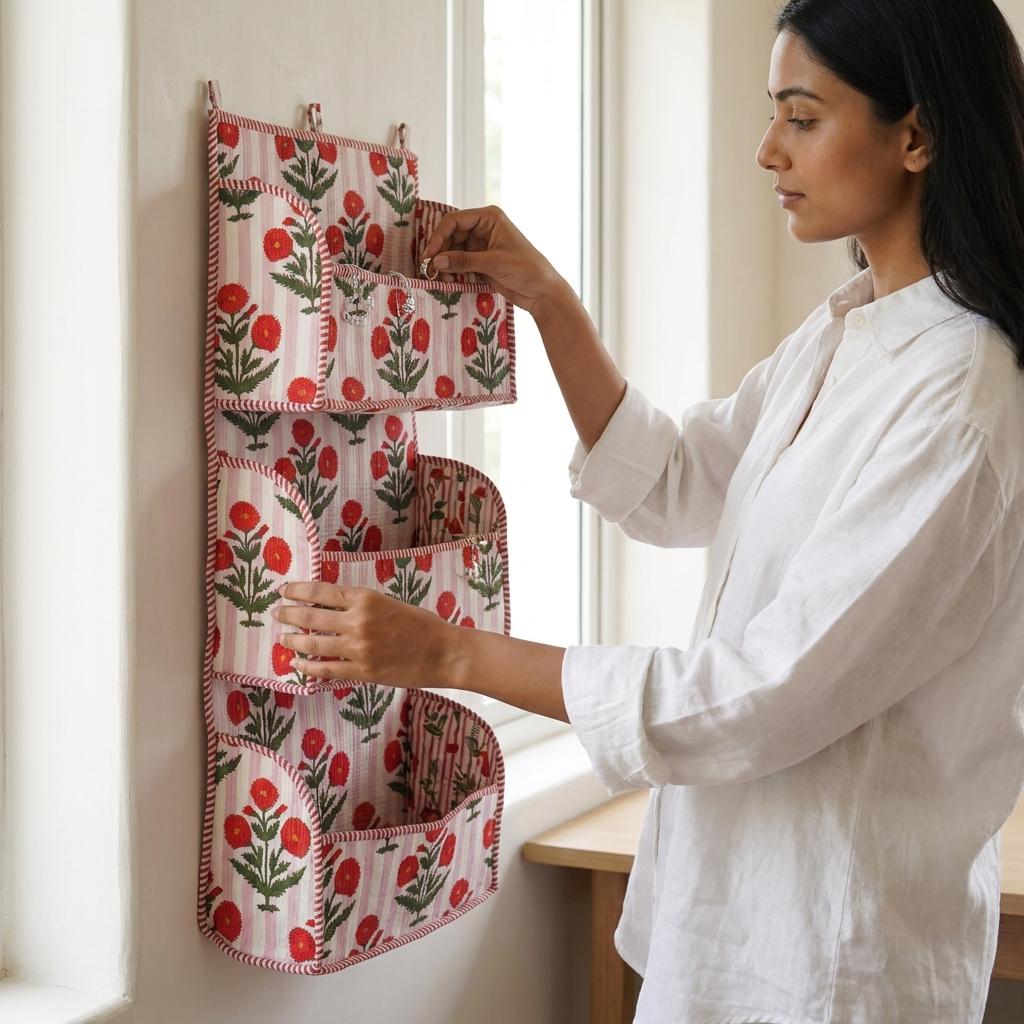 Red Flower Quilted Cotton Hanging Wall Organizer, Handcrafted Striped Tiered Pocket Mail Hanger