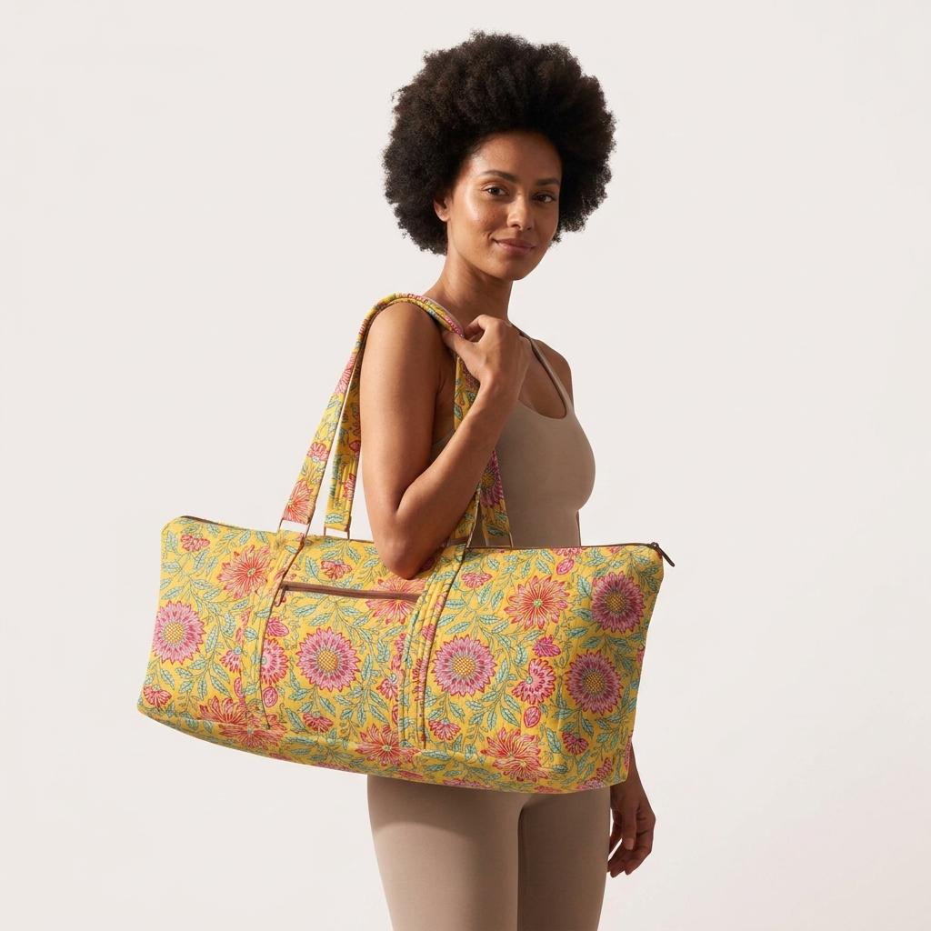 Yellow Chrysanthemum Quilted Cotton Yoga Mat Bag, Handcrafted Shoulder Carrier, Pink Floral Fitness Tote