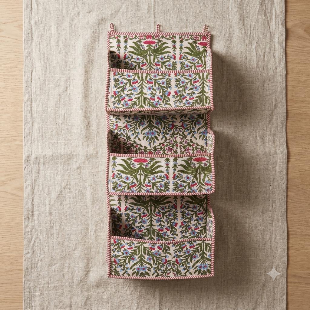 Green Floral Quilted Cotton Hanging Wall Organizer, Handcrafted Tiered Pocket Fabric Mail Hanger