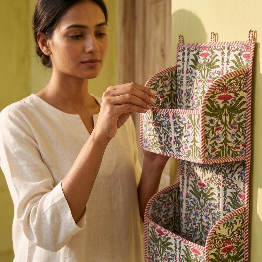 Green Floral Quilted Cotton Hanging Wall Organizer, Handcrafted Tiered Pocket Fabric Mail Hanger