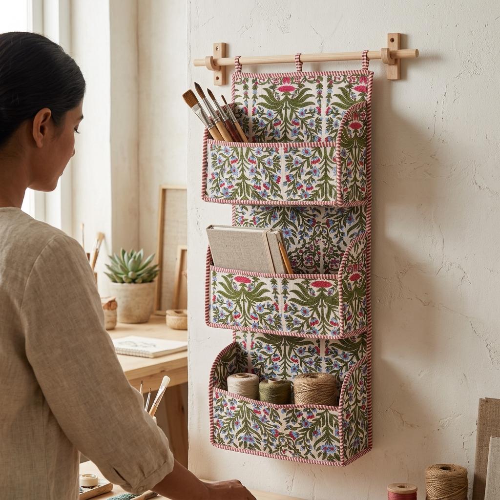 Green Floral Quilted Cotton Hanging Wall Organizer, Handcrafted Tiered Pocket Fabric Mail Hanger